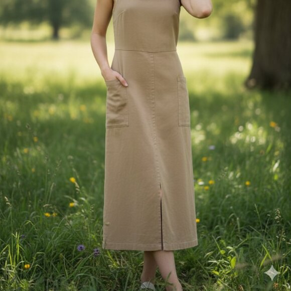 NWOT MNG Limited Edition Khaki Linen-Blend Back Tie Midi Dress Women’s 8 - Picture 2 of 15